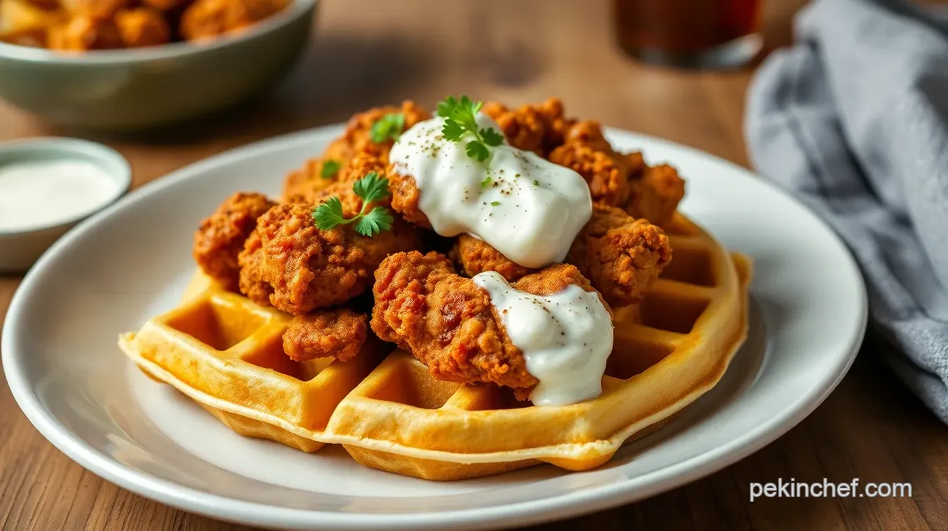 Crispy Baked Fried Chicken Waffles with Maple Yogurt Drizzle