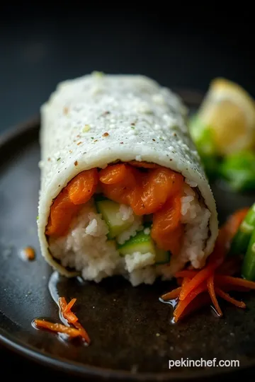 Crispy Salmon Skin Roll with Fresh Vegetables presentation