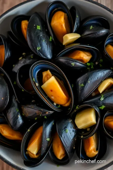 Garlic Butter Black Mussels with White Wine presentation