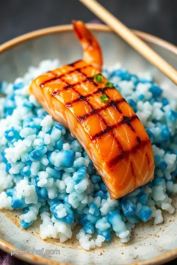 Grilled Salmon with Unique Blue Sushi Rice presentation