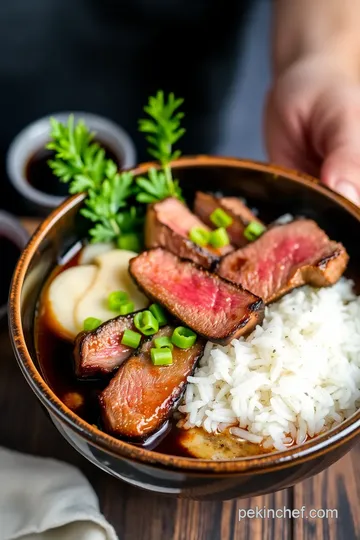 Gyutoro Don (Beef Belly Rice Bowl) presentation