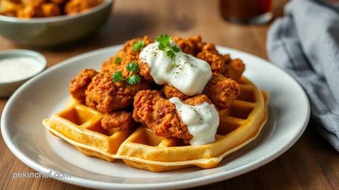 Crispy Baked Fried Chicken Waffles with Maple Yogurt Drizzle