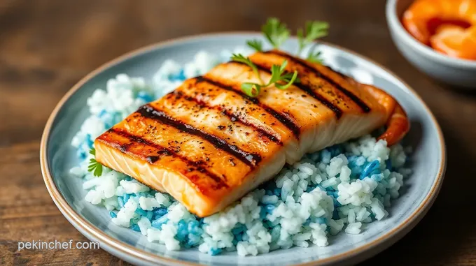 Grilled Salmon with Unique Blue Sushi Rice